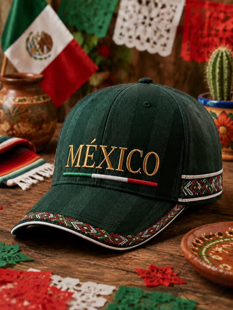 Mexico Embroidered Green Baseball Cap Hat with Flag Stripe