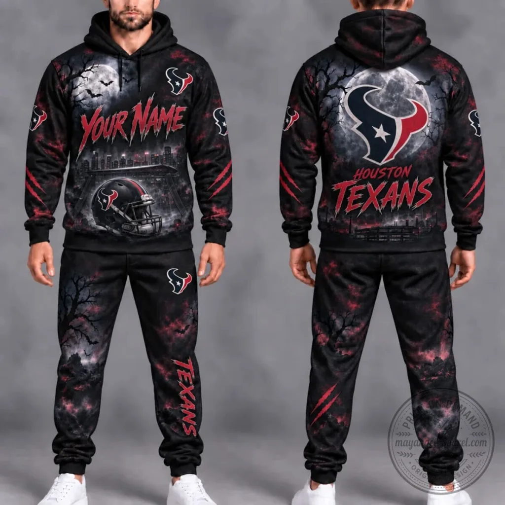 Houston Texans Personalized Moonlit Football Hoodie and Jogger Set Houston Texans Personalized Moonlit Football Hoodie and Jogger Set