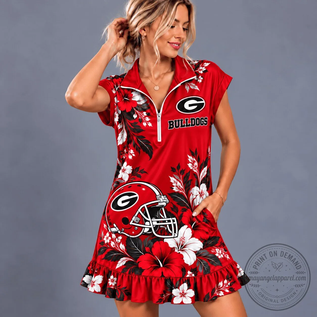 Georgia Bulldogs Football Team Red Floral Quarter-Zip Ruffle Dress
