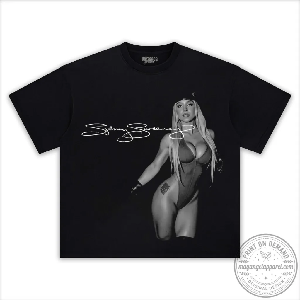 Sydney Sweeney Signature Black and White Photo Graphic T-Shirt