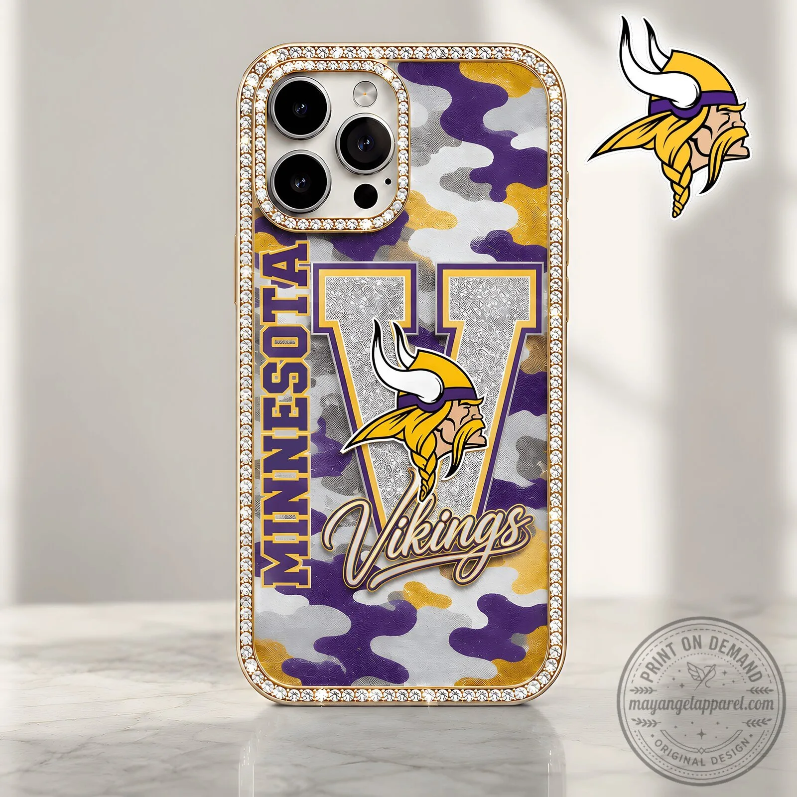 Minnesota Vikings NFL Camouflage Bling Gold Phone Case