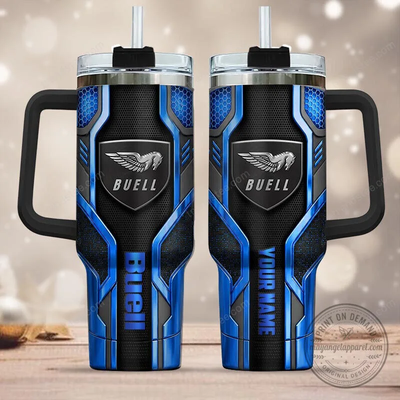 Buell Motorcycle Logo Personalized Black and Blue Insulated Tumbler with Handle