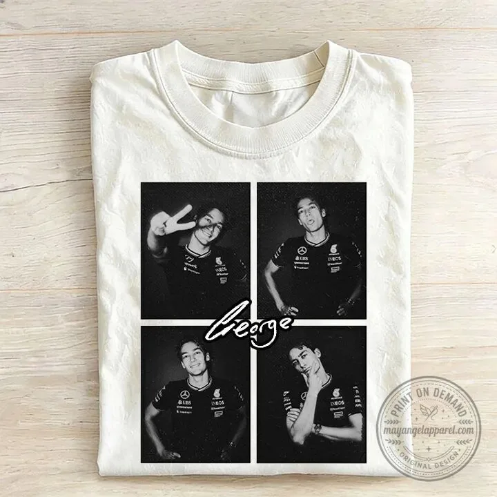 Black and White Photo Collage T-Shirt of George Russell, Formula 1 Racing Driver