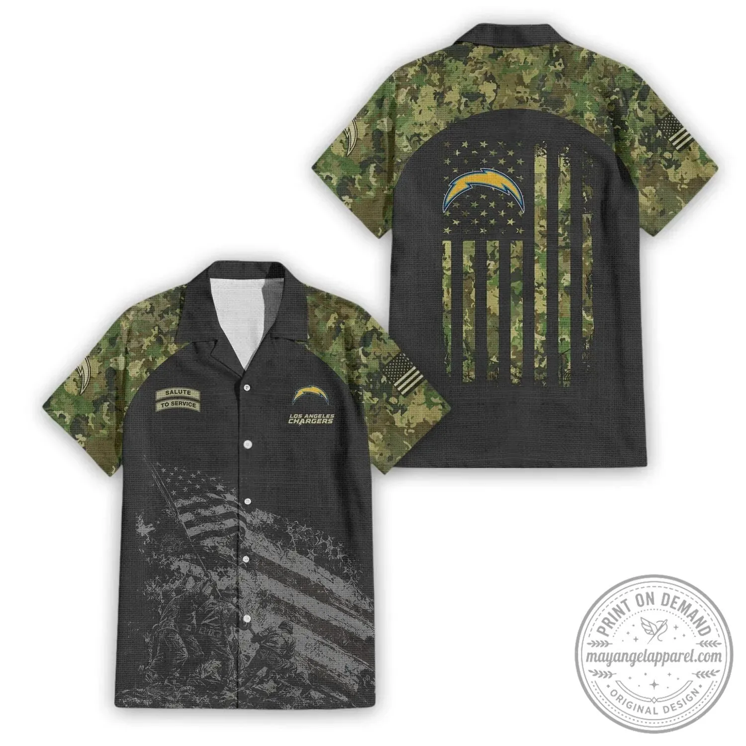 Los Angeles Chargers Salute To Service Camouflage American Flag Hawaiian Shirt