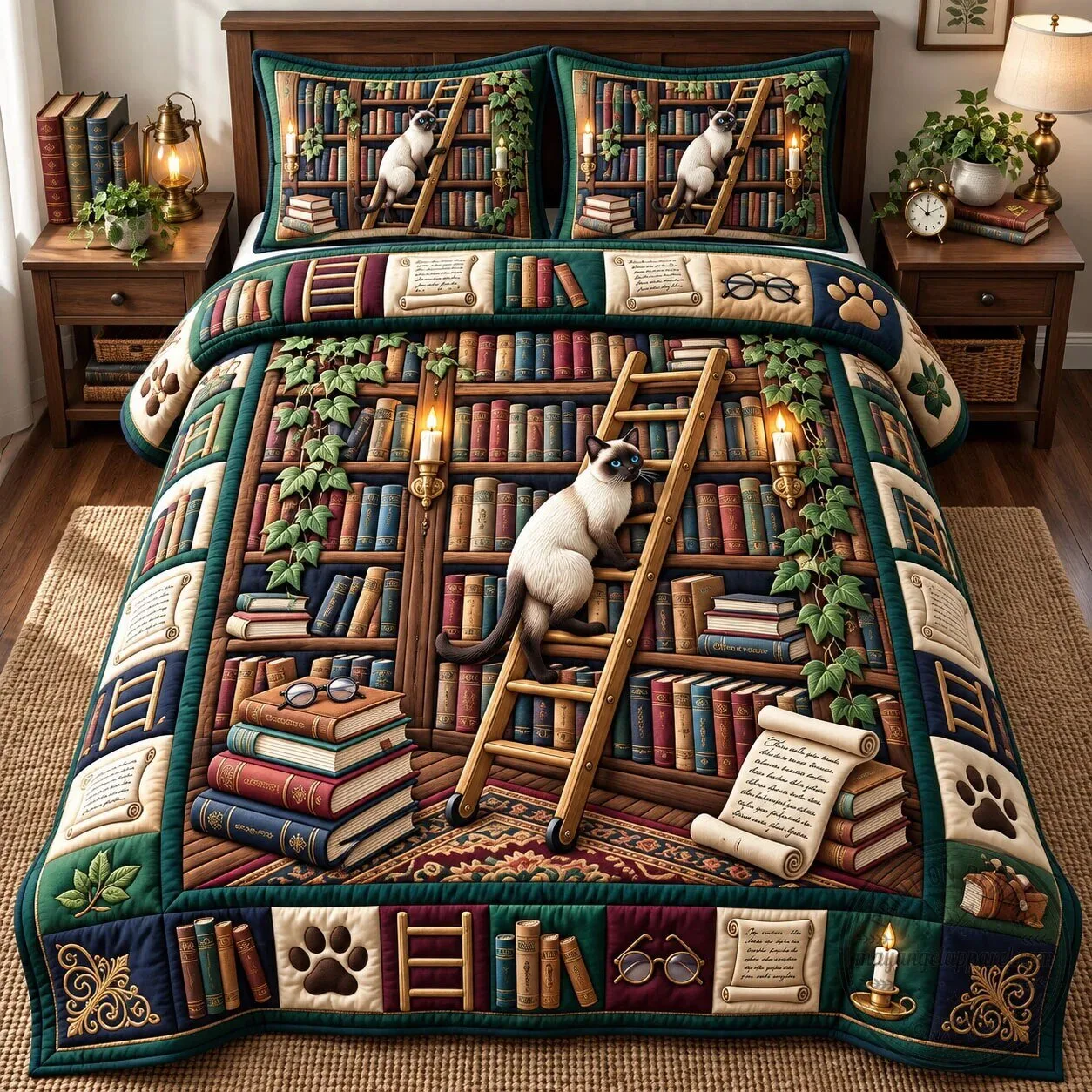 Bookish Cat Climbing Bookshelf Quilted Bedding Set