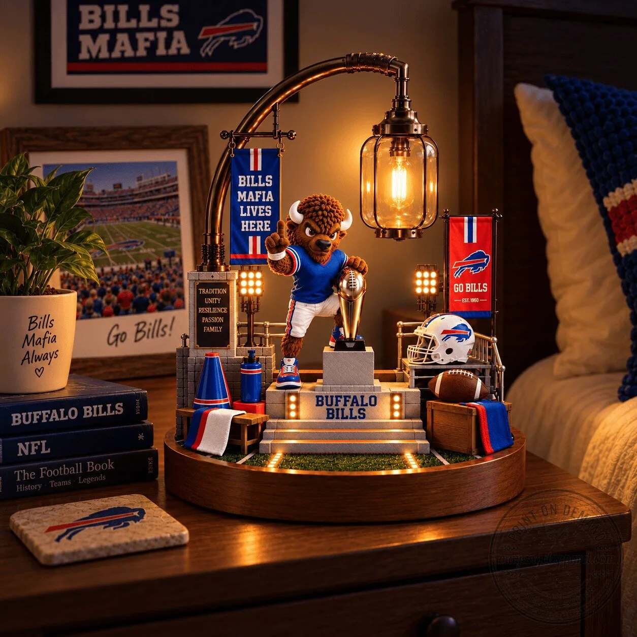 Buffalo Bills Football Team Themed Bedside Table Lamp with Mascot Statue
