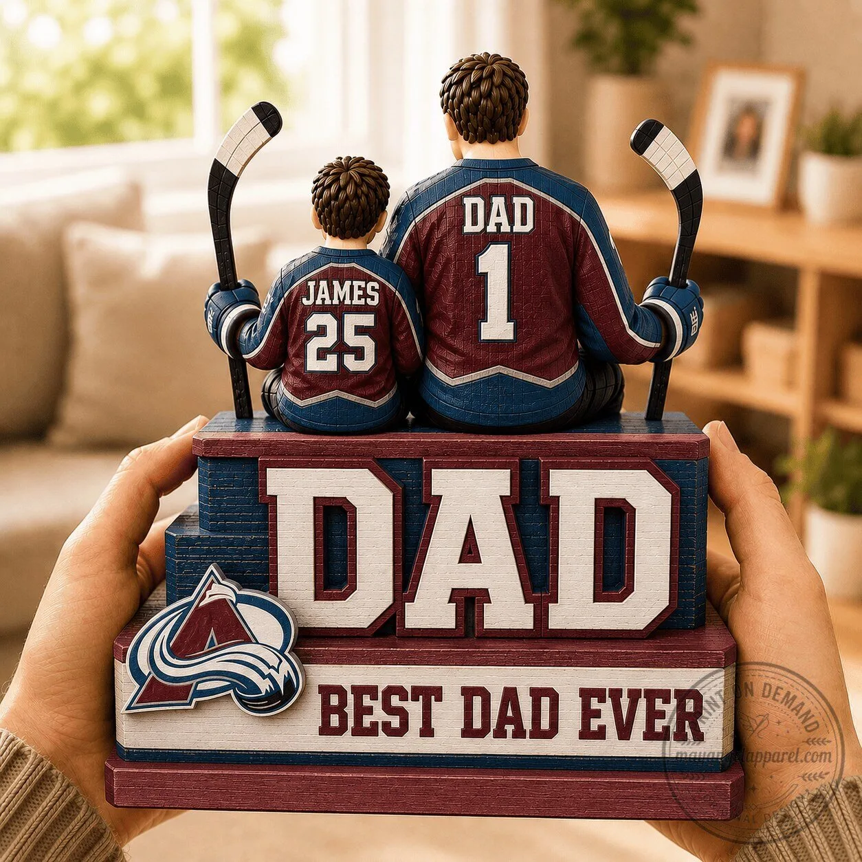 Colorado Avalanche Hockey Dad and Son Personalized Wooden Block Figurine Gift