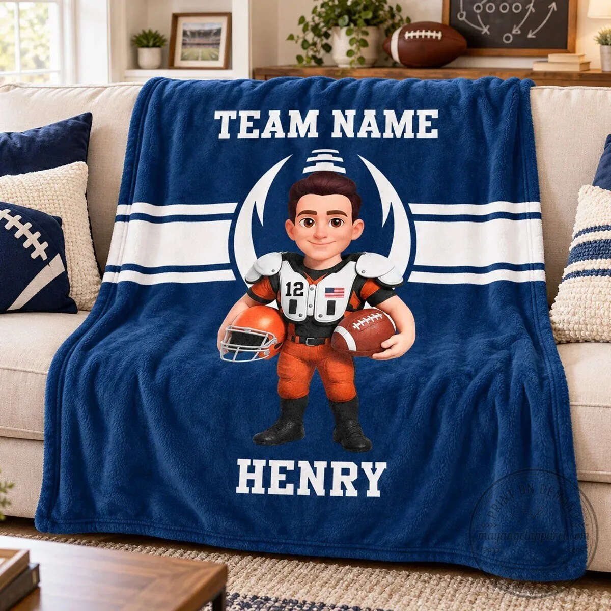 Personalized Football Player Cartoon Custom Name and Team Name Fleece Blanket