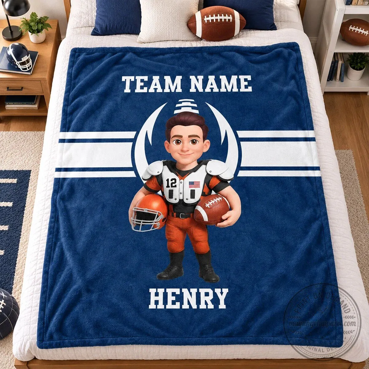 Personalized Football Player Cartoon Custom Name and Team Name Fleece Blanket 10 Personalized Football Player Cartoon Custom Name and Team Name Fleece Blanket