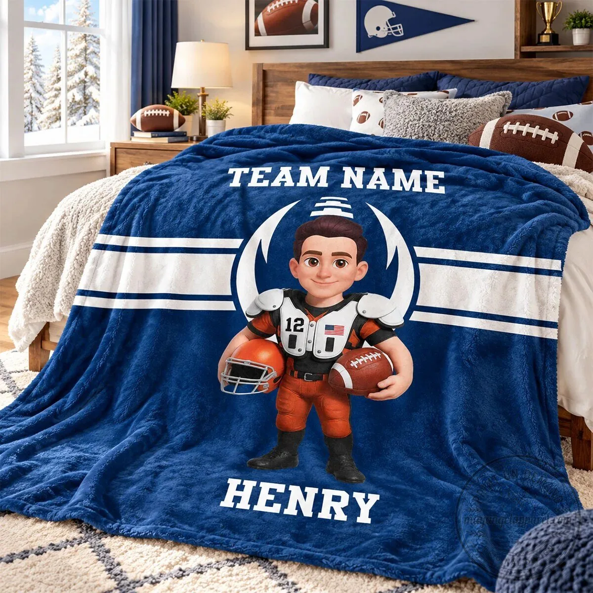 Personalized Football Player Cartoon Custom Name and Team Name Fleece Blanket 14 Personalized Football Player Cartoon Custom Name and Team Name Fleece Blanket
