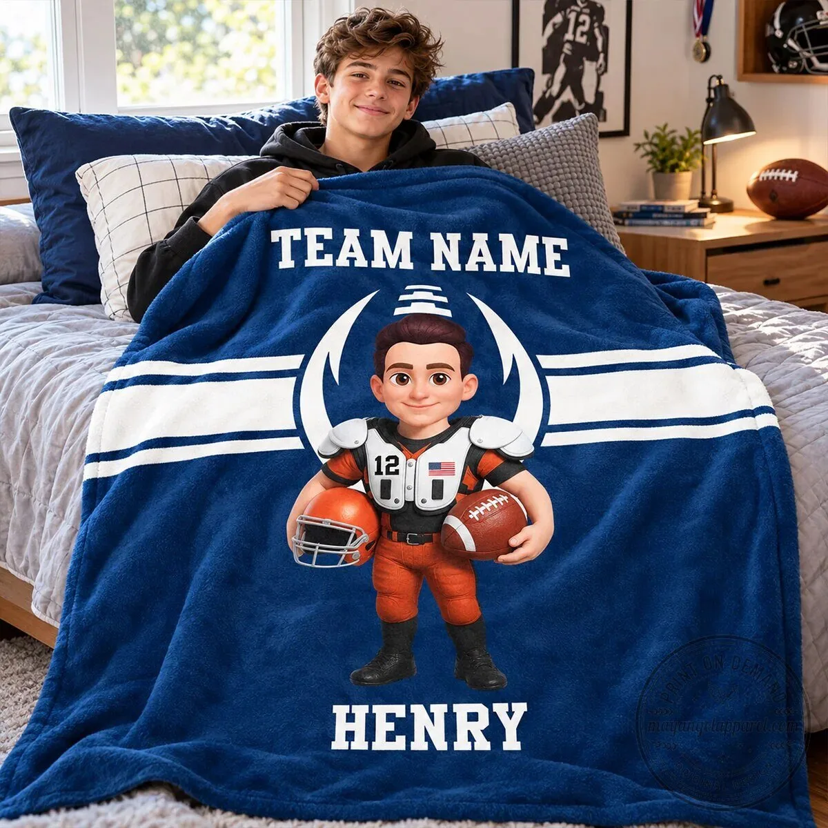 Personalized Football Player Cartoon Custom Name and Team Name Fleece Blanket 15 Personalized Football Player Cartoon Custom Name and Team Name Fleece Blanket