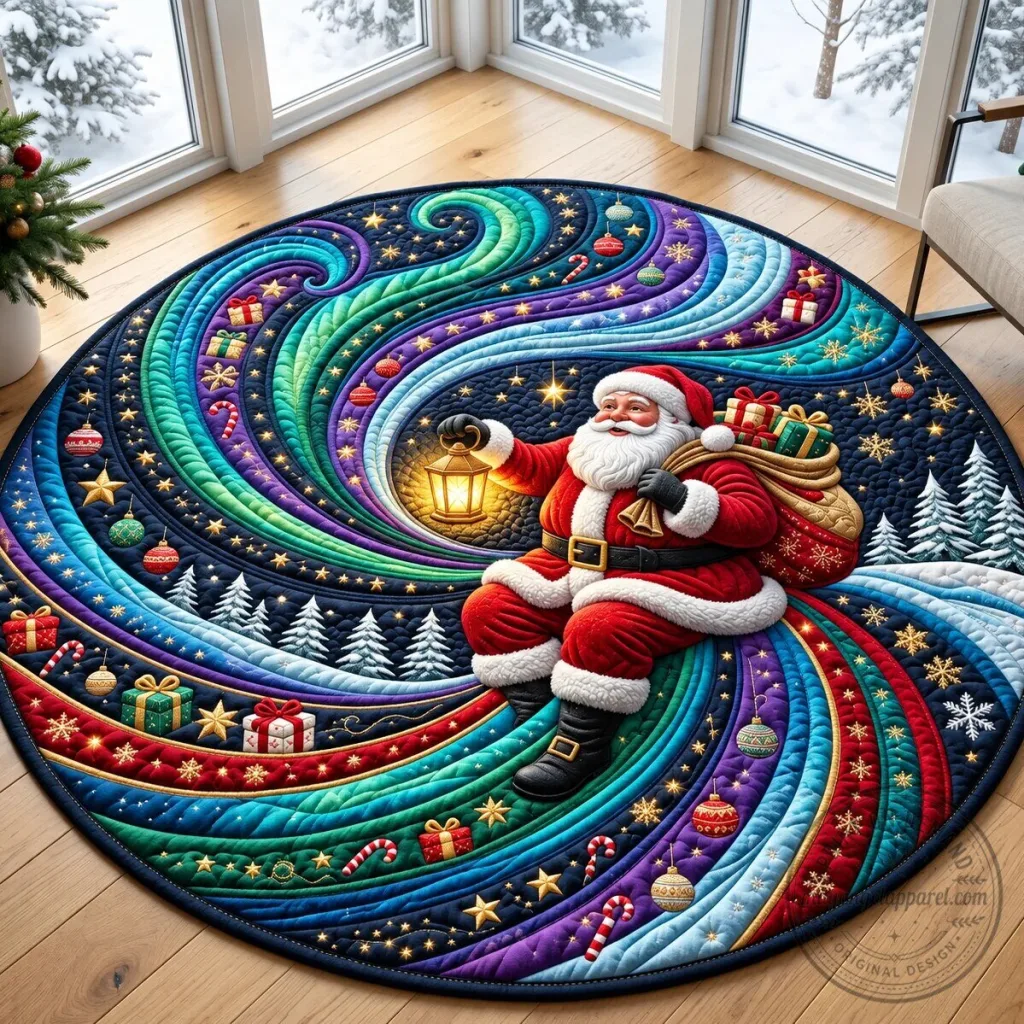 Christmas Santa Claus Aurora Borealis Quilted Round Floor Mat