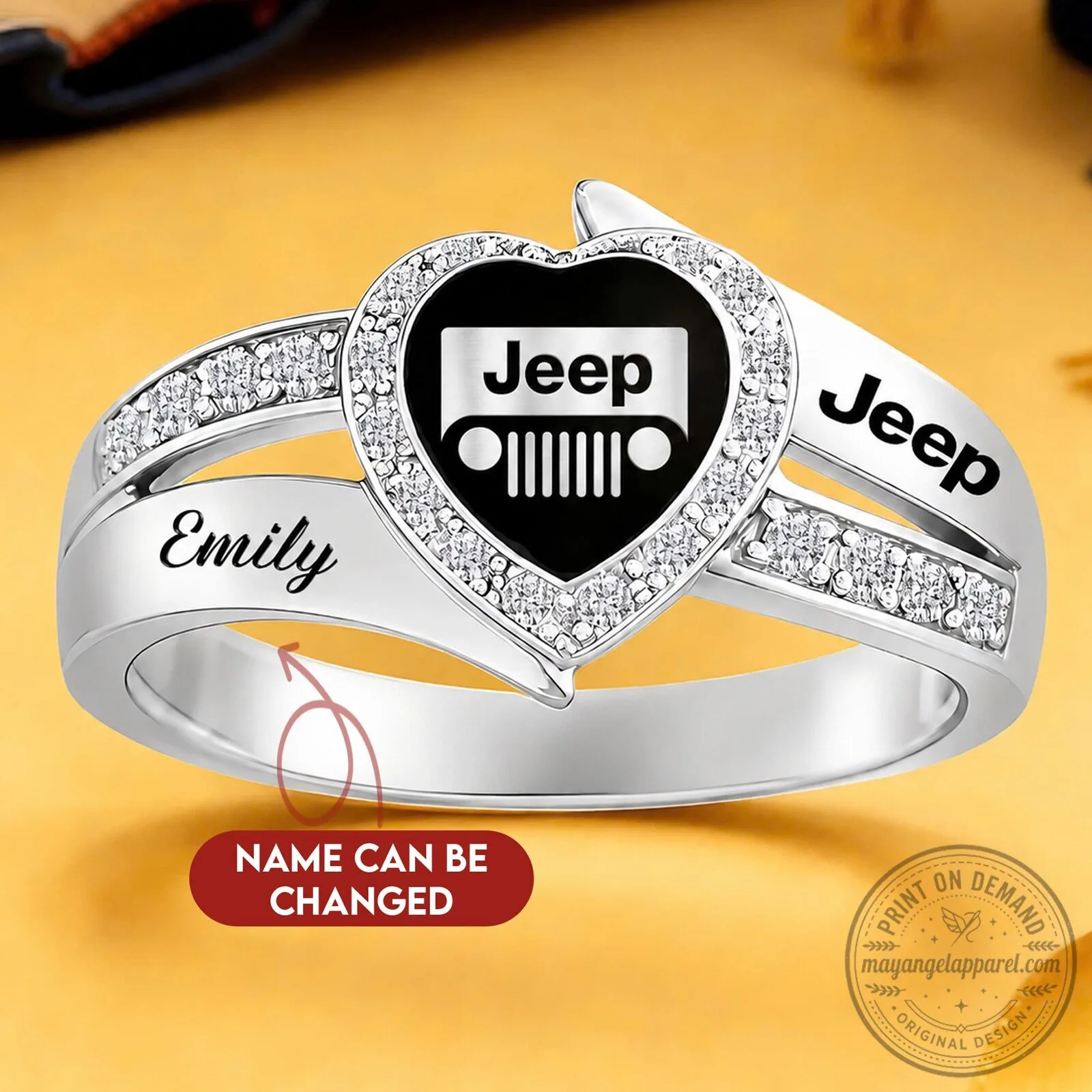 Jeep Logo Personalized Sterling Silver Heart Ring with Cubic Zirconia