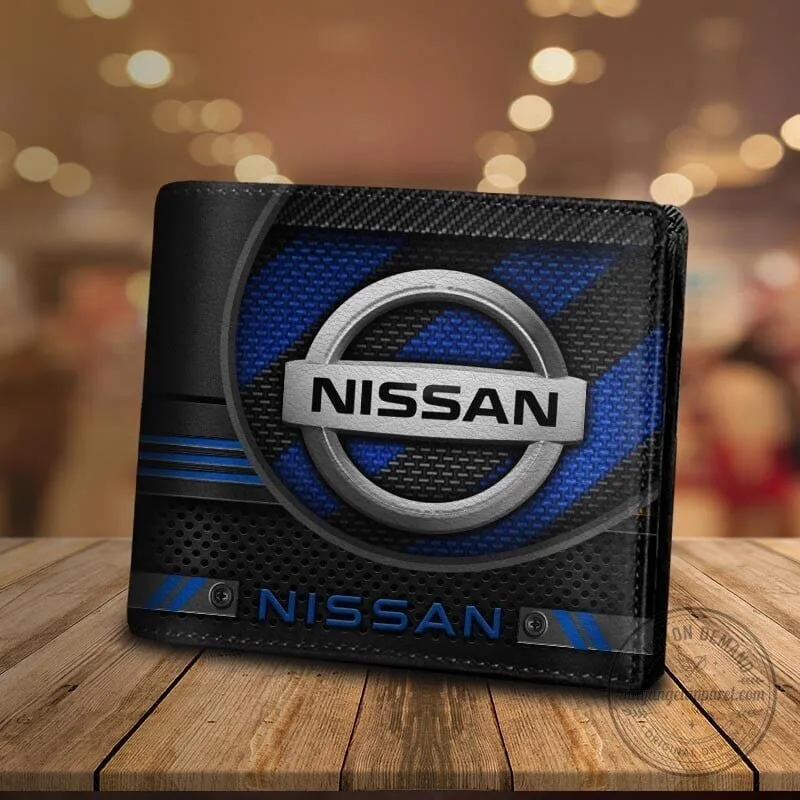 Nissan Car Logo Black and Blue Carbon Fiber Style Bifold Wallet