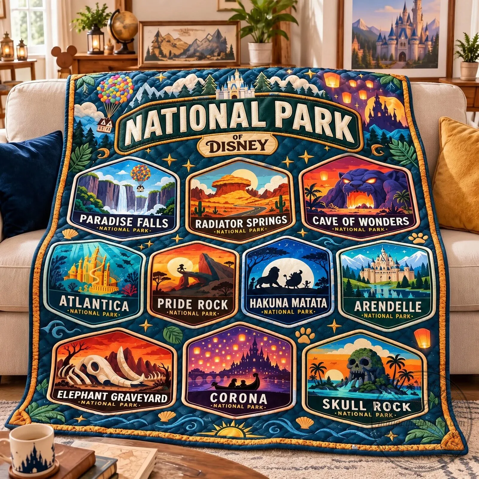 Disney National Park Map Quilted Blanket, Disney Parks Travel Theme Throw Blanket