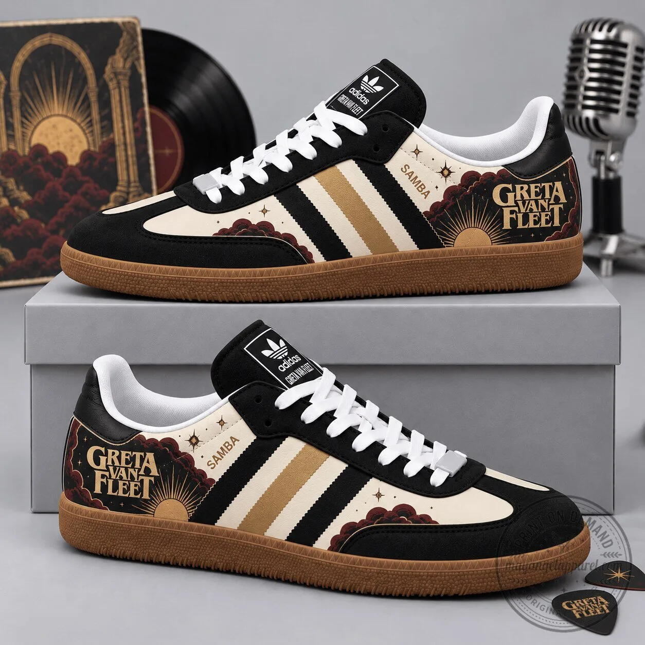 Greta Van Fleet Black Cream Gold Vintage Band Artwork Adidas Samba OG Shoes