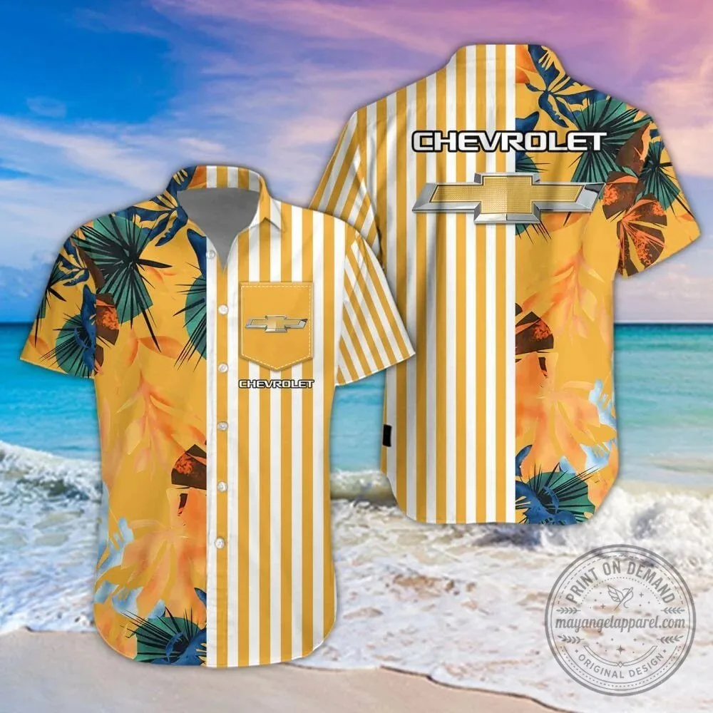Chevrolet Gold Bowtie Logo Yellow Stripe Tropical Hawaiian Shirt