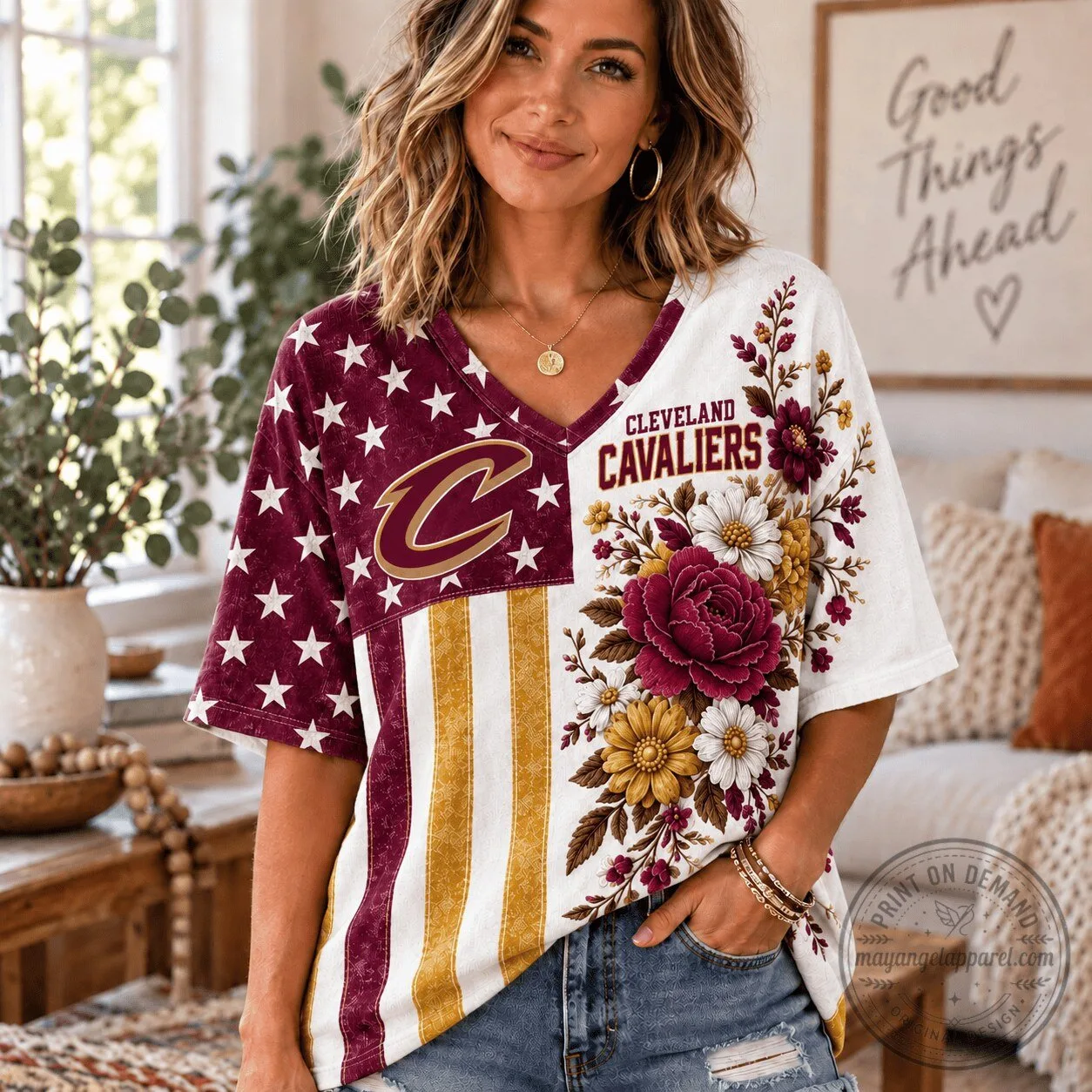 Cleveland Cavaliers NBA Fan Shirt for Women, Floral V-Neck T-Shirt