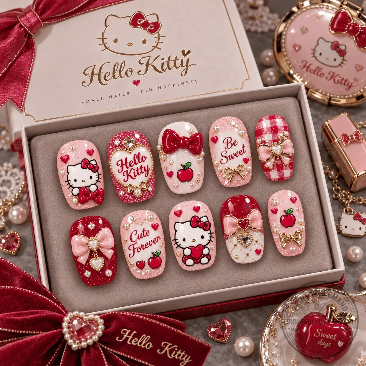 Hello Kitty Pink Bows Hearts and Cherries Press-On Nail Set for Cute Charm