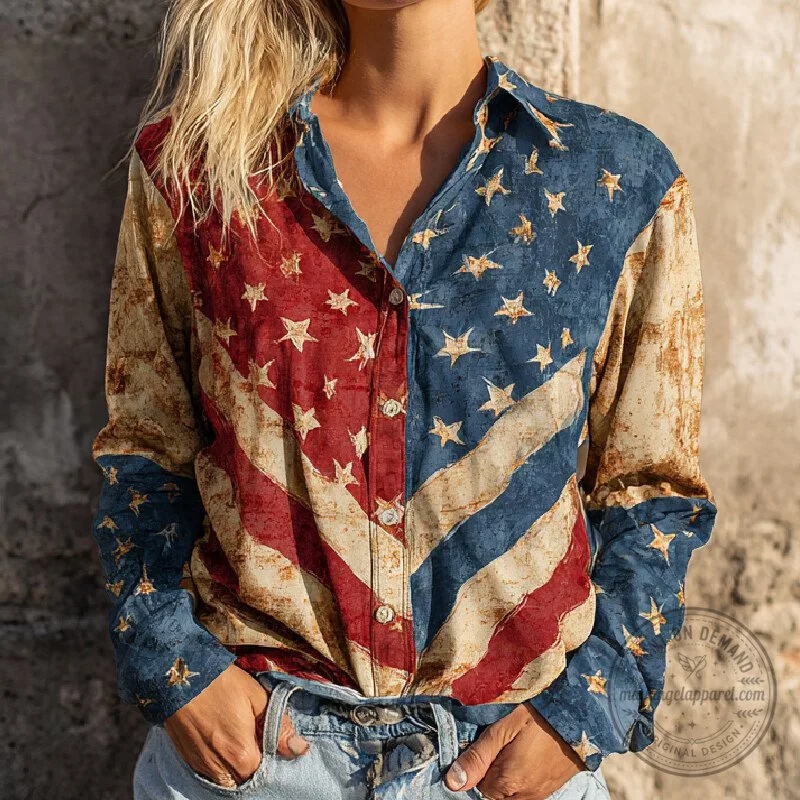 Distressed American Flag Patriotic Button Up Long Sleeve Shirt