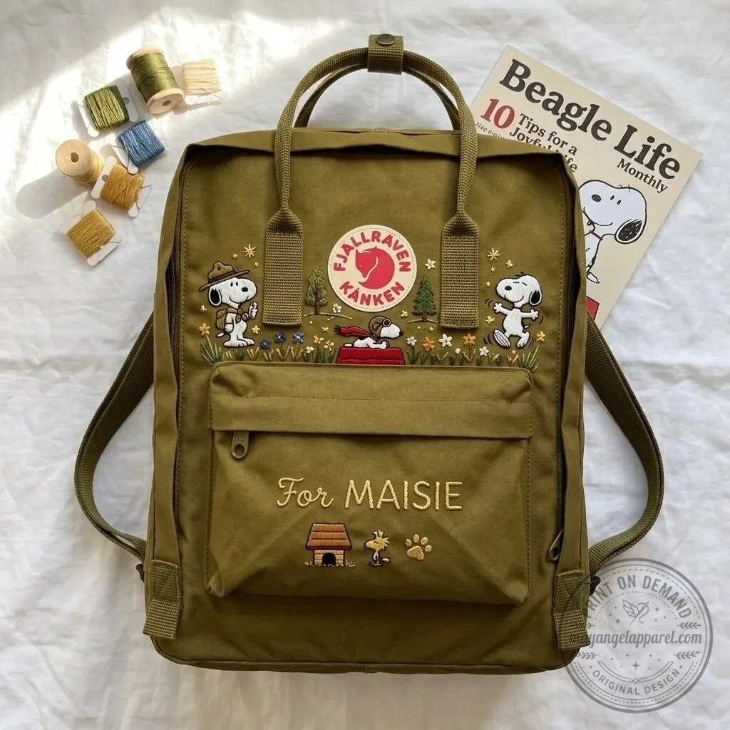 Snoopy Embroidered Fjallraven Kanken Backpack with Woodstock and Doghouse Design