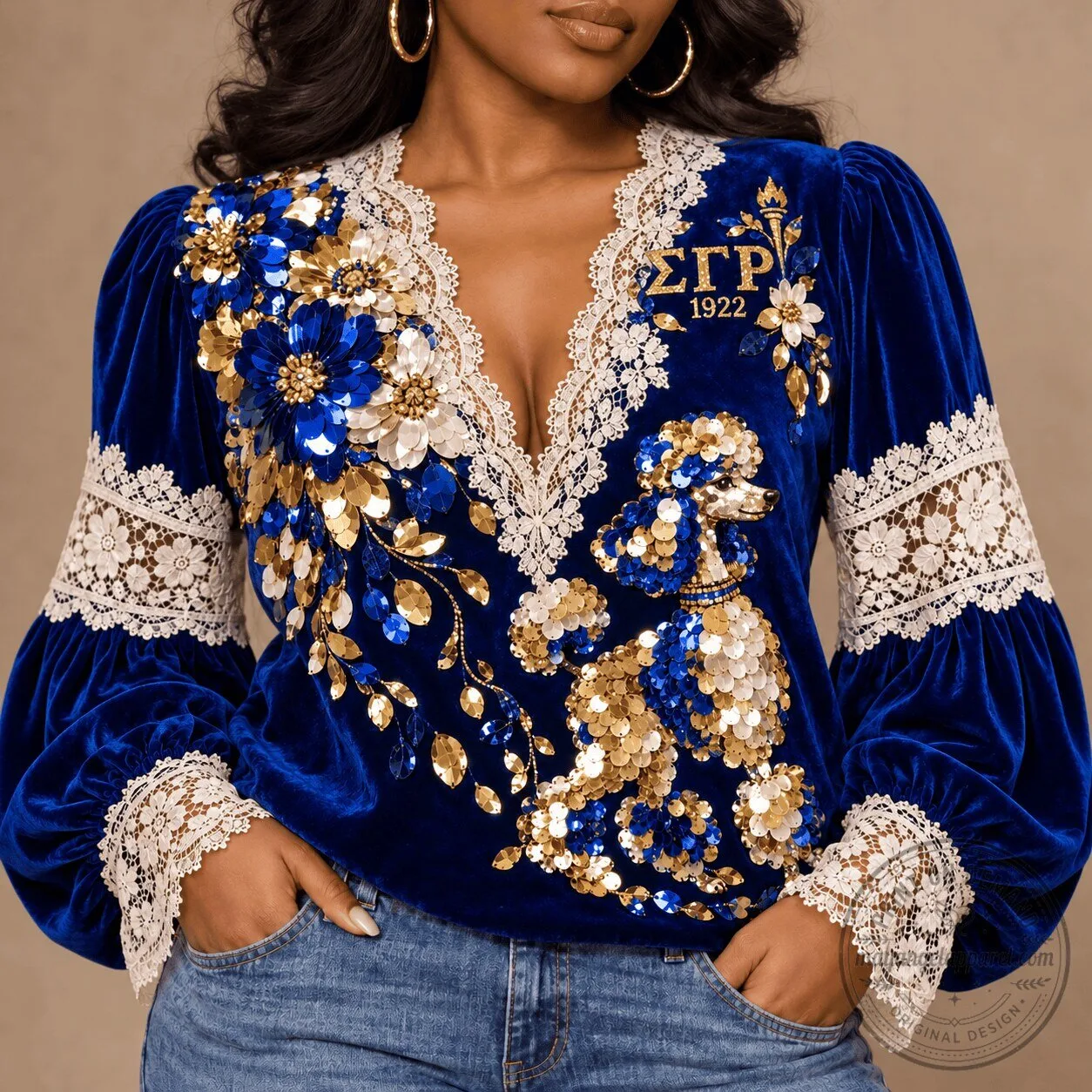 Sigma Gamma Rho Sorority Sequin Embroidered Velvet Lace Trimmed Blouse
