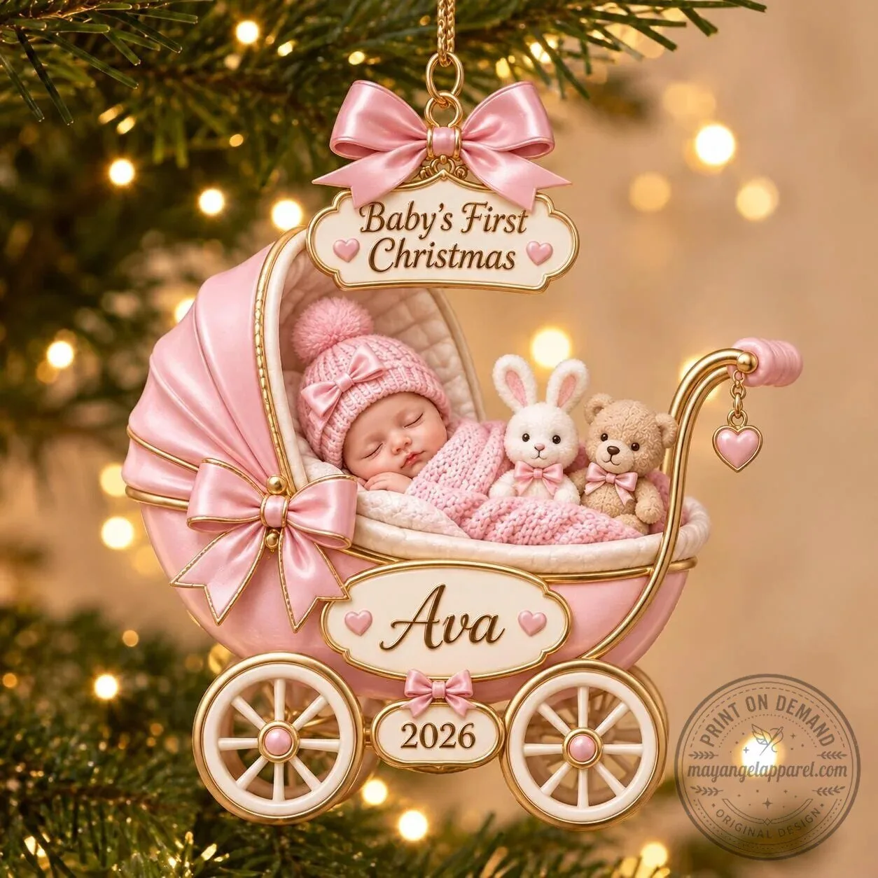 Baby's First Christmas Pink Carriage Personalized Ornament