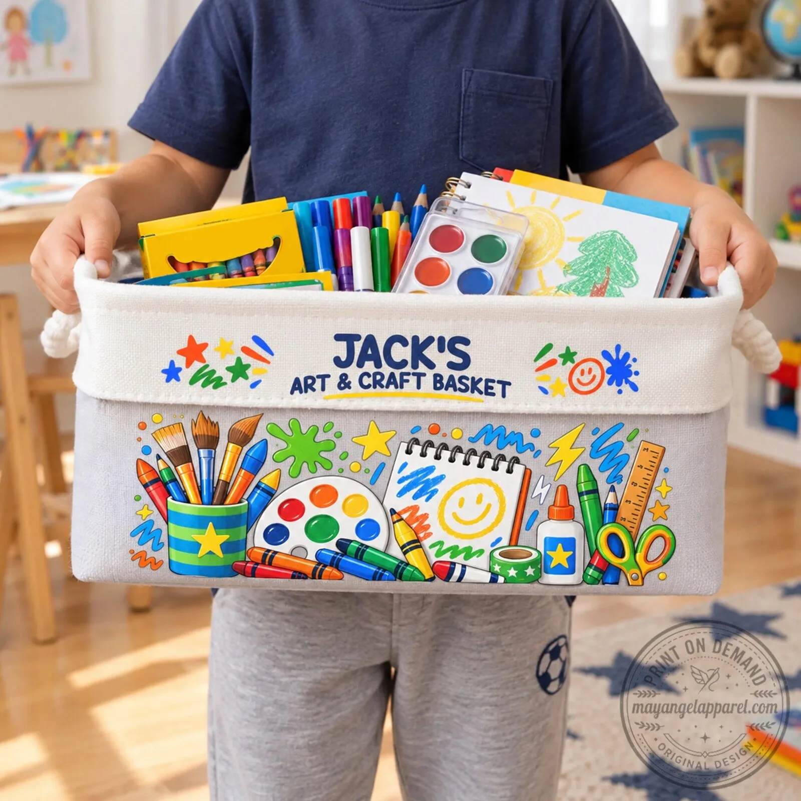 Personalized Kids Art and Craft Supplies Storage Basket for Boys and Girls