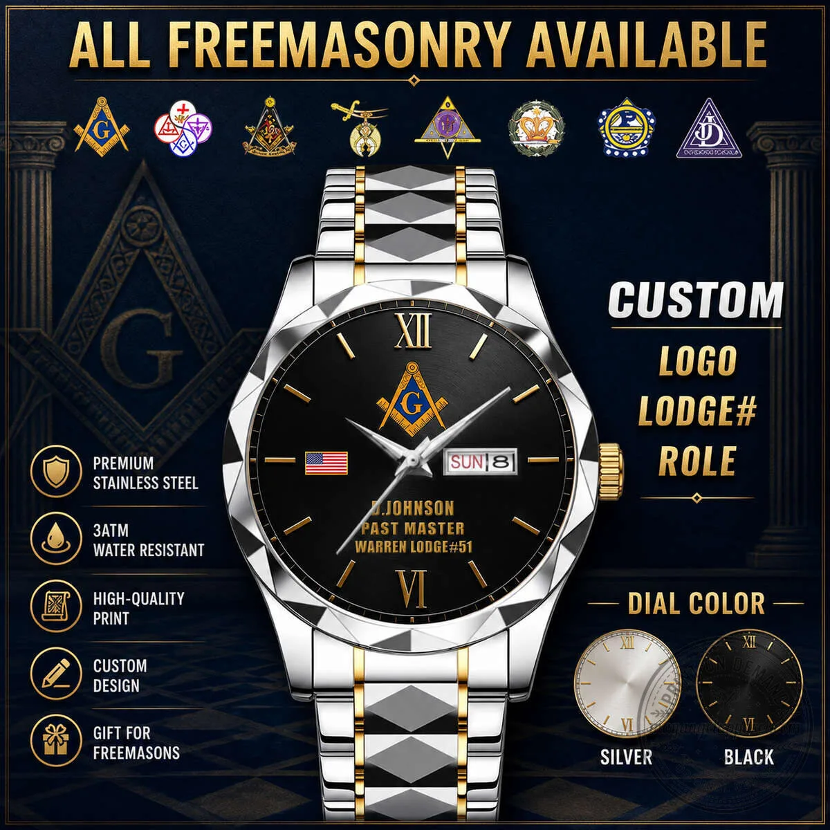 Freemasonry Masonic Lodge Custom Engraved Stainless Steel Waterproof Watch