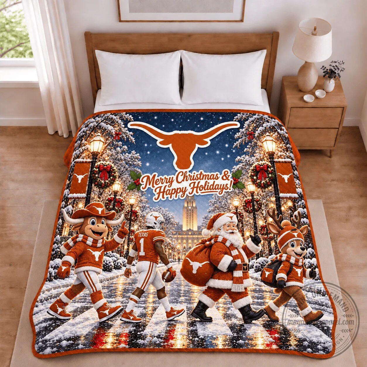 Texas Longhorns Merry Christmas Happy Holidays Winter Football Scene Blanket