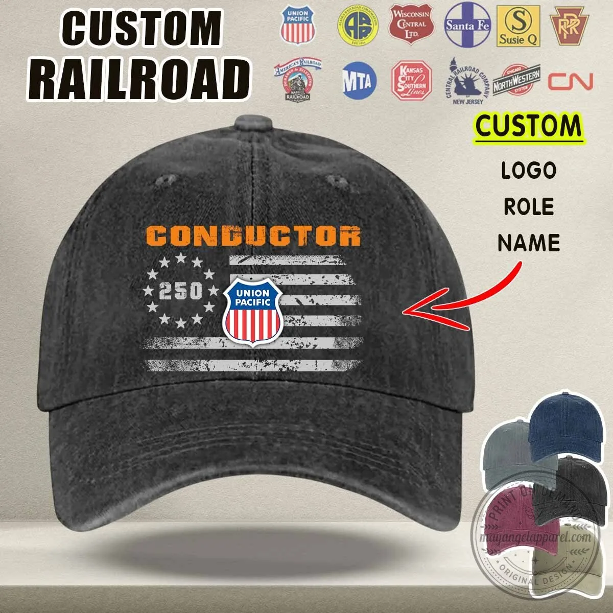 Union Pacific Railroad Conductor 250 Years American Flag Washed Denim Baseball Cap Hat