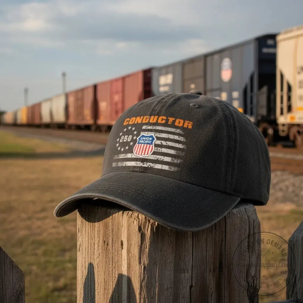Union Pacific Railroad Conductor 250 Years American Flag Washed Denim Baseball Cap Hat 7 Union Pacific Railroad Conductor 250 Years American Flag Washed Denim Baseball Cap Hat