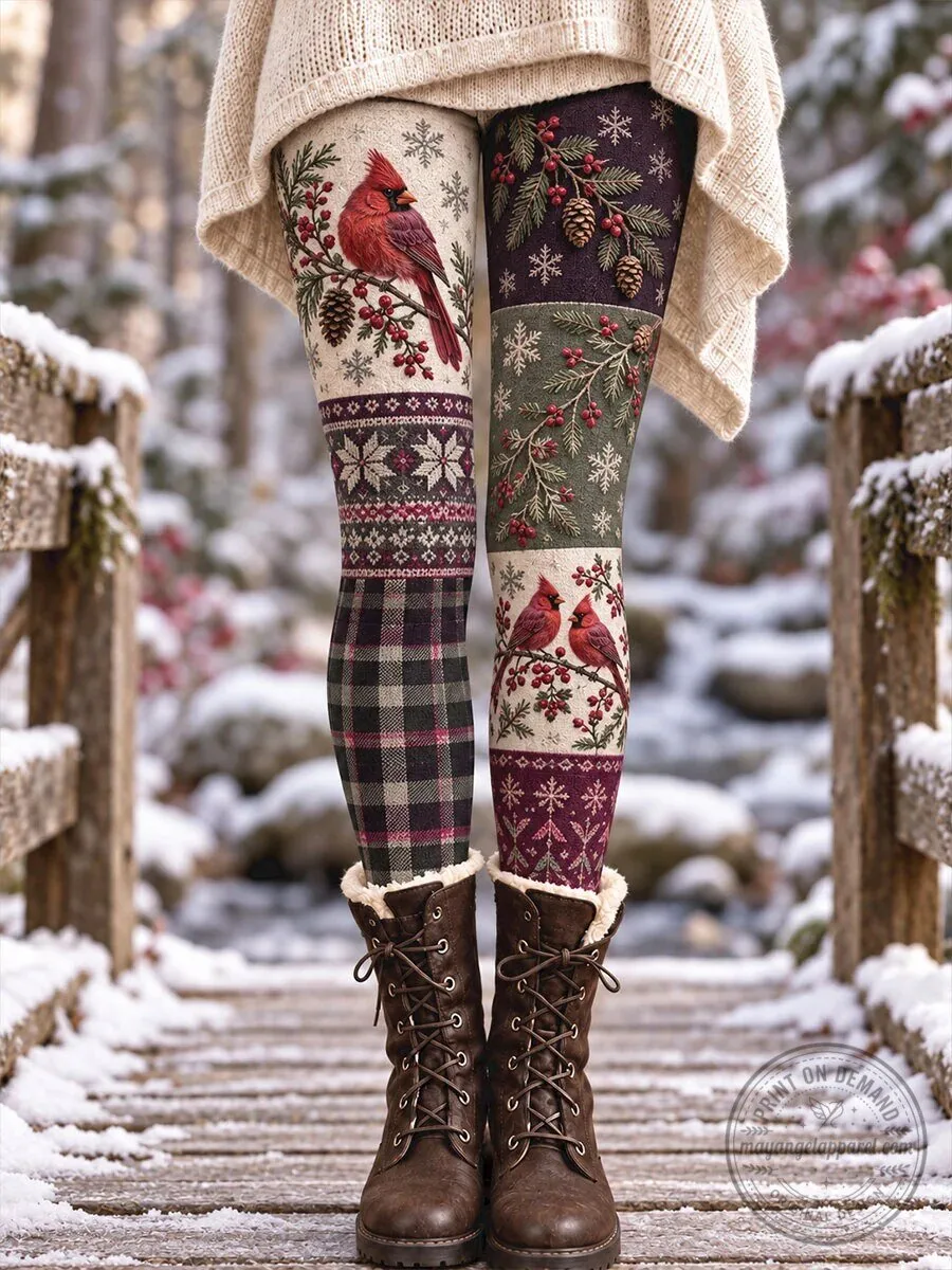 Winter Cardinal Bird and Pine Cone Holiday Pattern Women's Leggings
