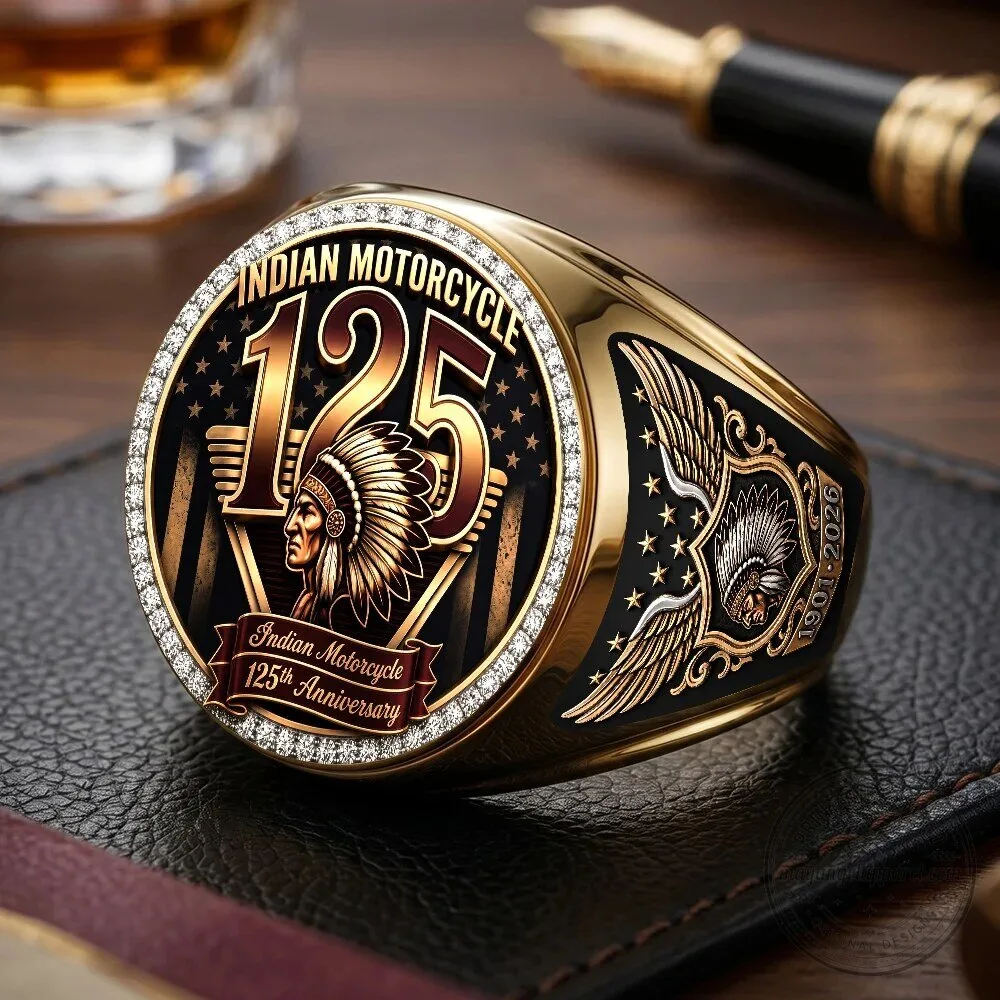 Indian Motorcycle 125th Anniversary Gold Ring with Engraved Chief Logo