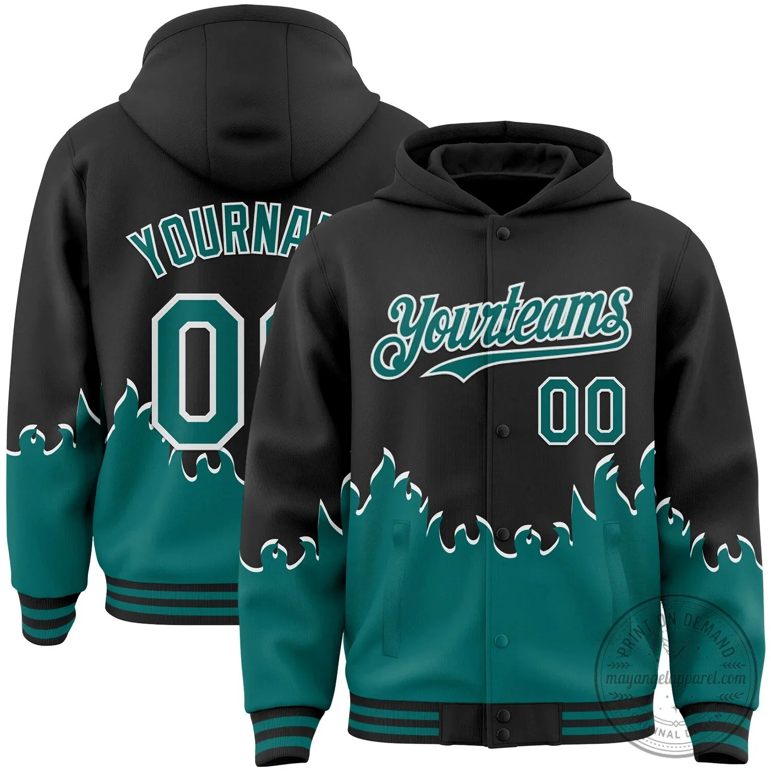 Custom Black Teal White Fire Flame Full-Snap Varsity Letterman Hoodie Jacket