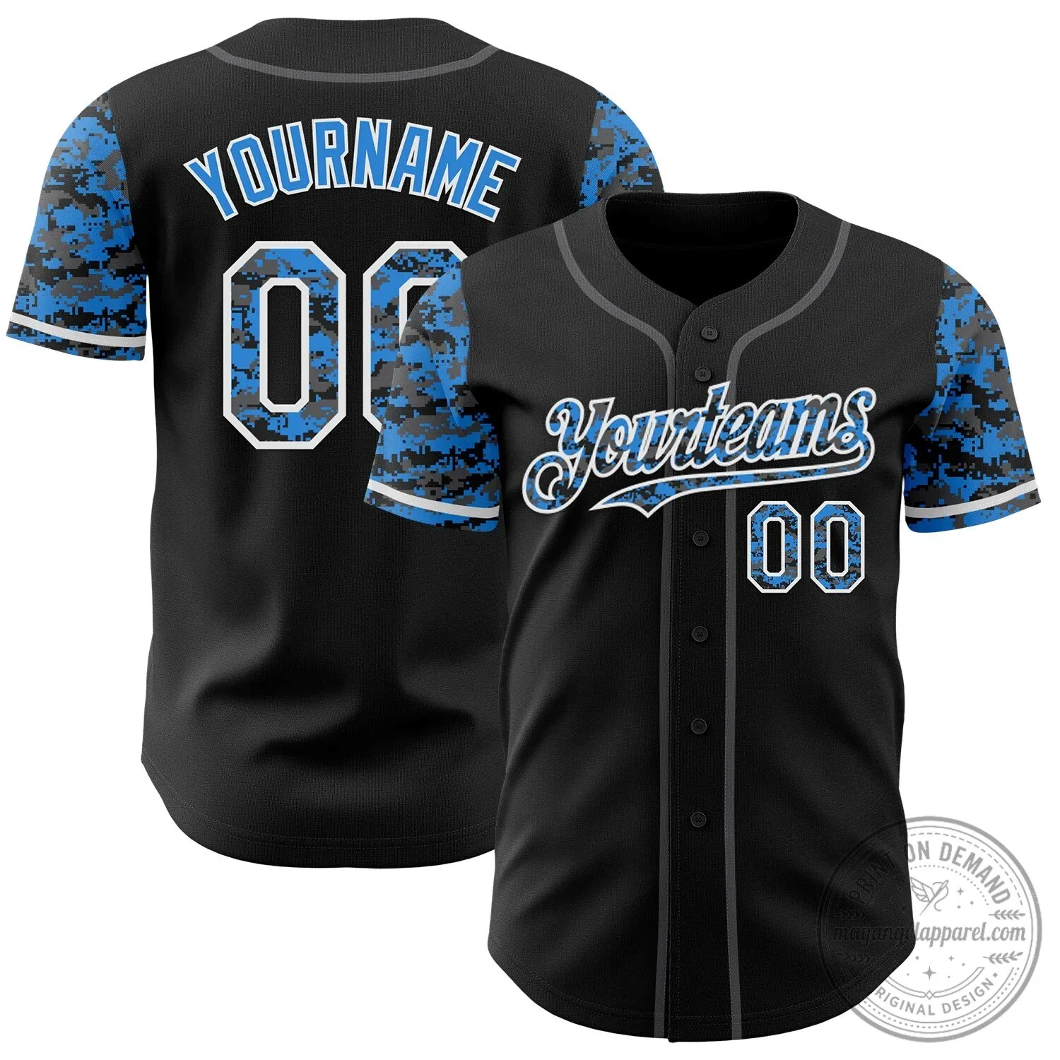 Custom Black Electric Blue Digital Camouflage Two Tone Authentic Baseball Jersey