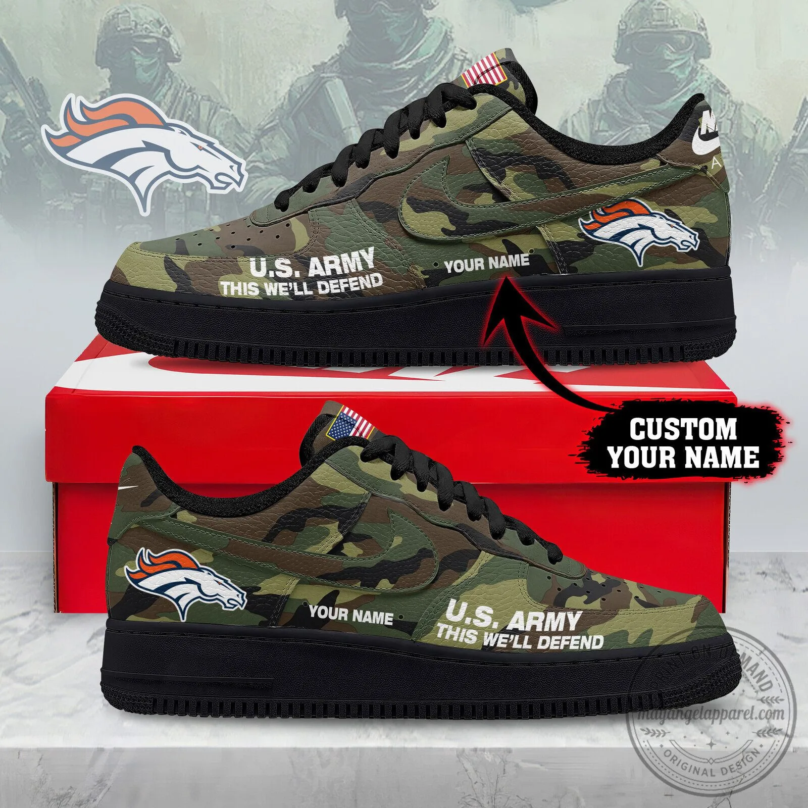 Denver Broncos United States Army Camouflage Custom Name Sneakers Shoes
