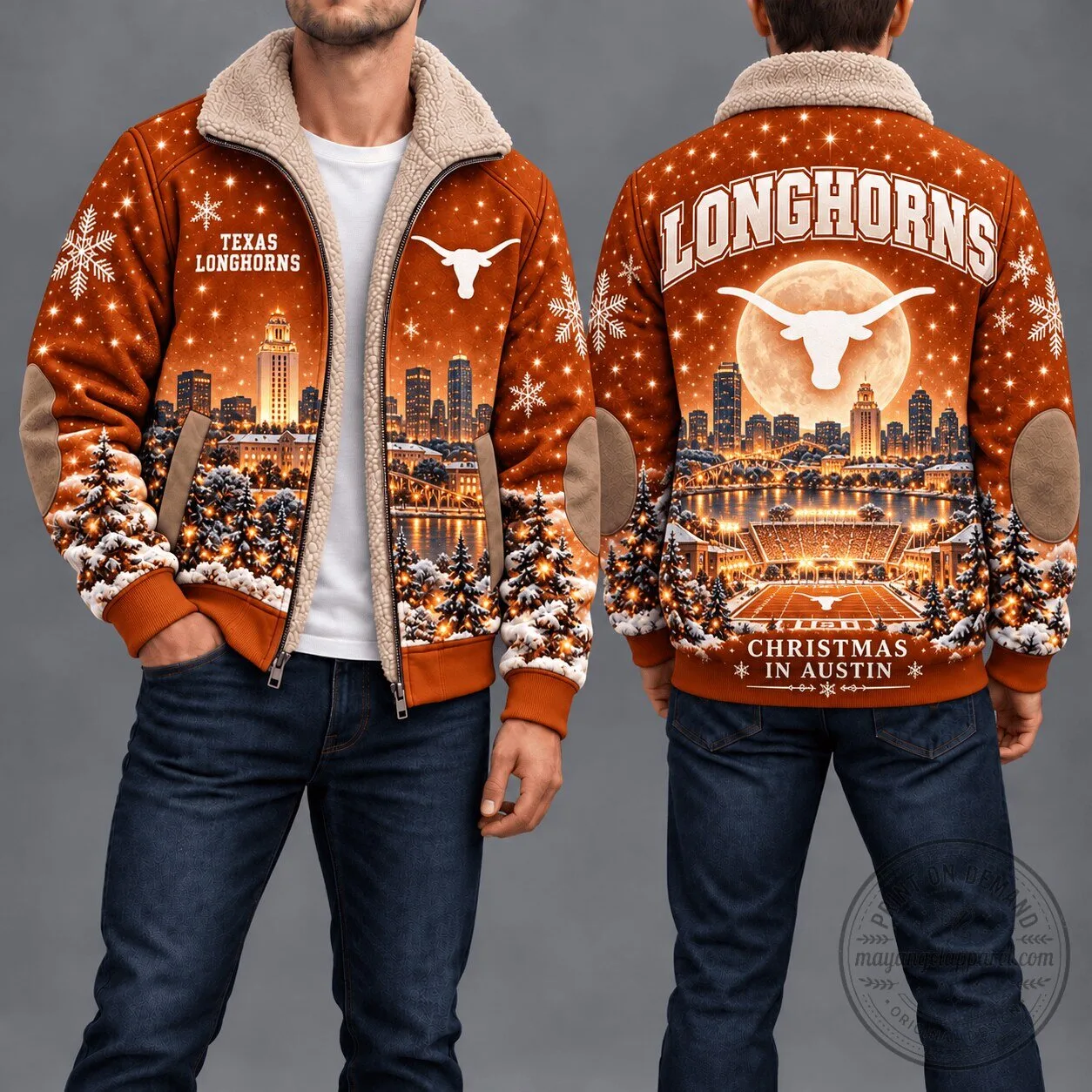 Texas Longhorns Christmas in Austin Winter Sherpa Fleece Jacket