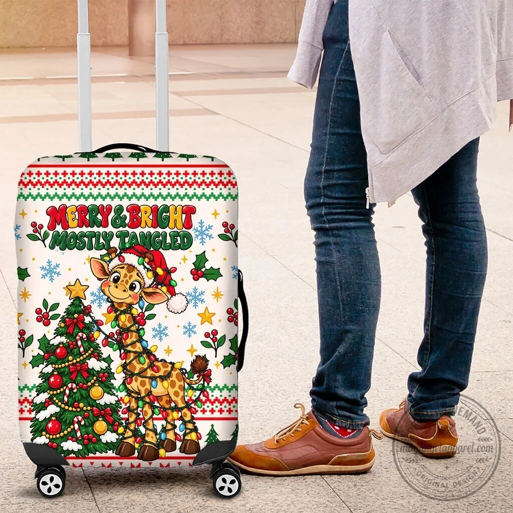 Merry and Bright Mostly Tangled Christmas Giraffe Lights Holiday Luggage Cover