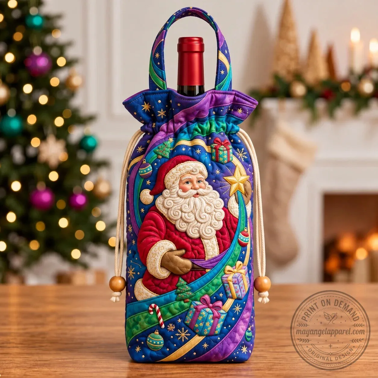 Holiday Wine Bottle Carrier Bag with Quilted Santa Claus Design for Christmas Gifts