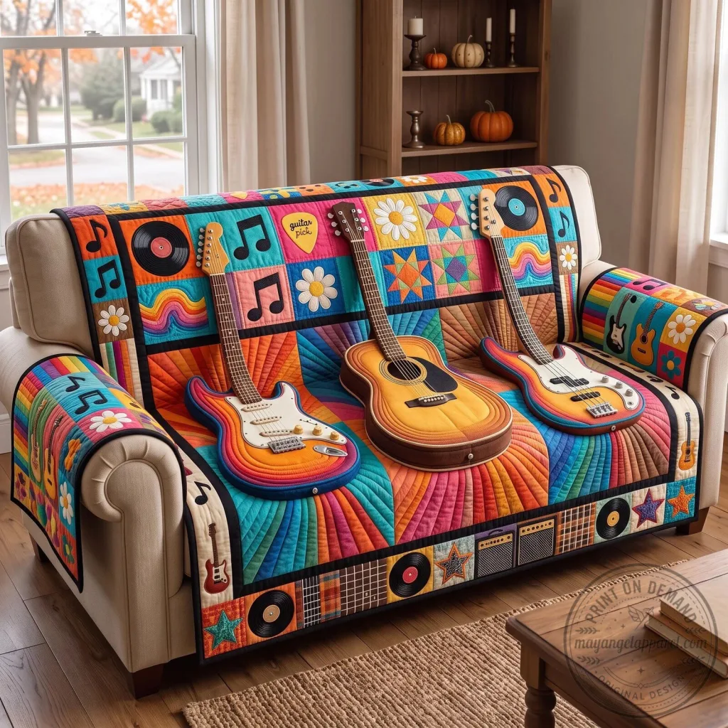 Colorful Musical Instruments Guitar Lover Quilted Sofa Cover Colorful Musical Instruments Guitar Lover Quilted Sofa Cover