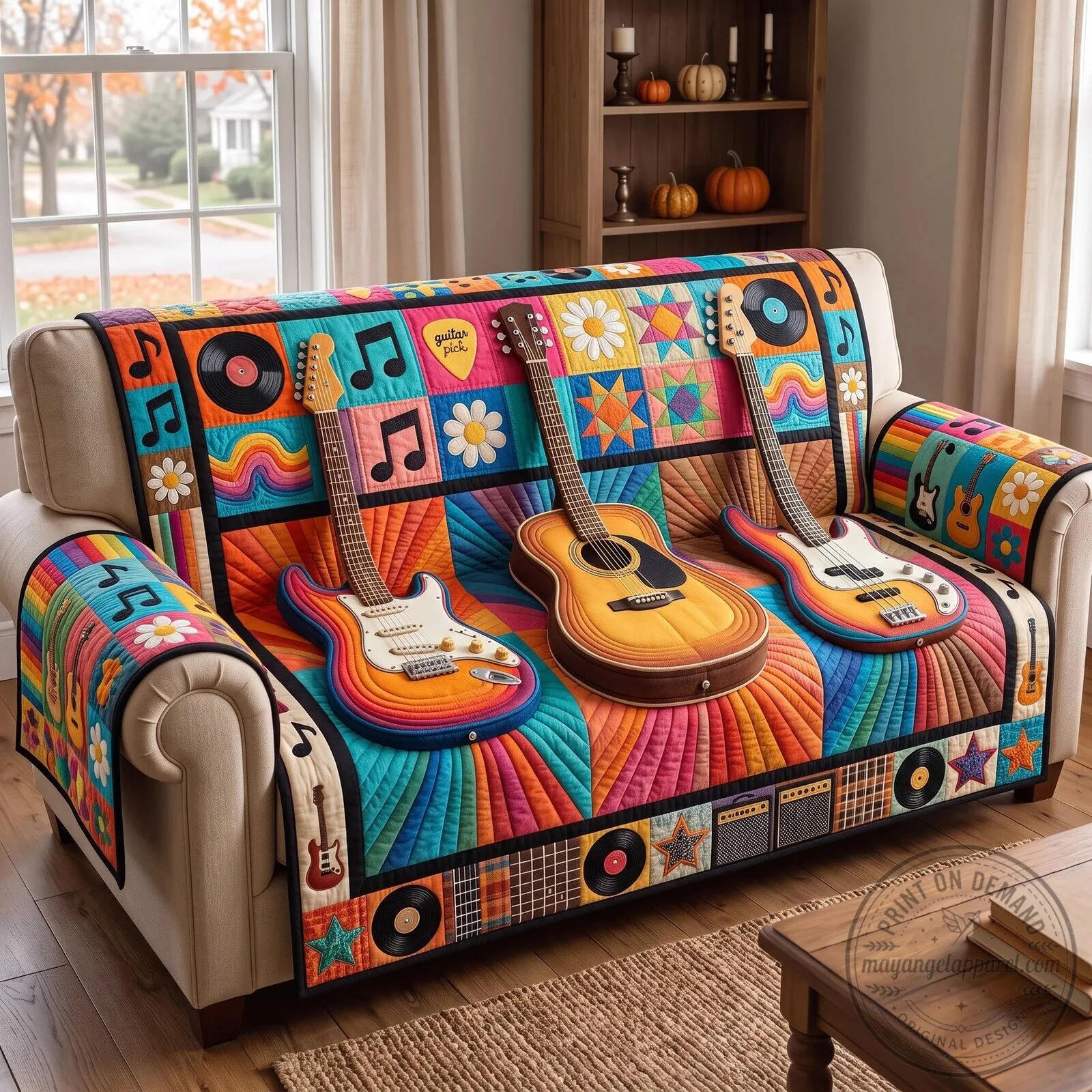 Colorful Musical Instruments Guitar Lover Quilted Sofa Cover