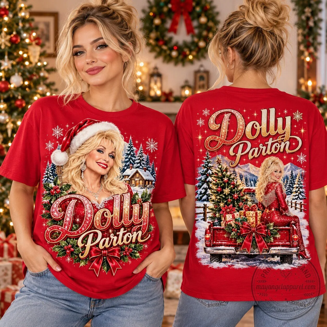 Dolly Parton Christmas Holiday Santa Hat Pickup Truck T-Shirt for Women