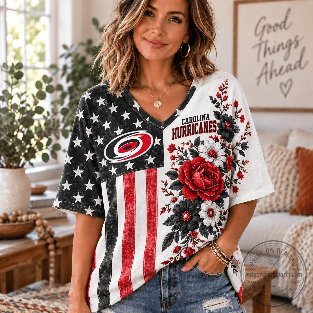 Carolina Hurricanes NHL Fan Shirt for Women, American Flag Floral V-Neck T-Shirt