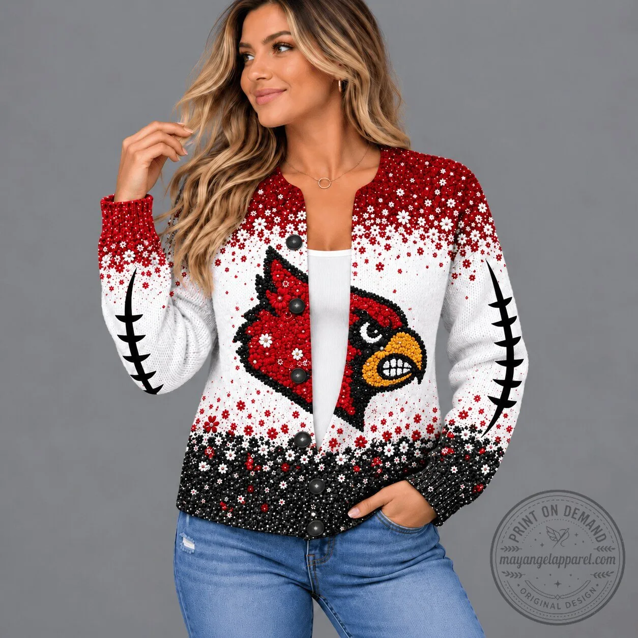 Louisville Cardinals Floral Heritage Football Pattern Cardigan Sweater