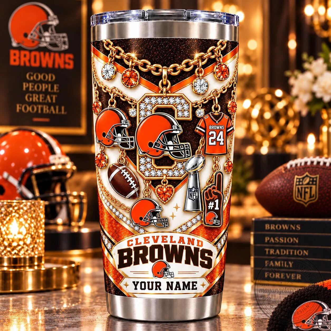 Cleveland Browns Personalized Football Team Sparkle Design Stainless Steel Tumbler