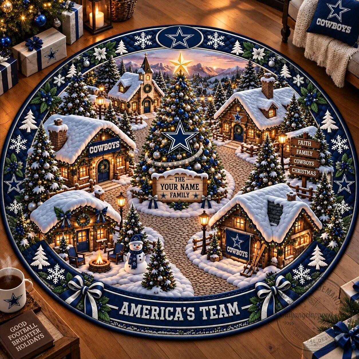 Dallas Cowboys NFL Christmas Village Personalized Round Rug