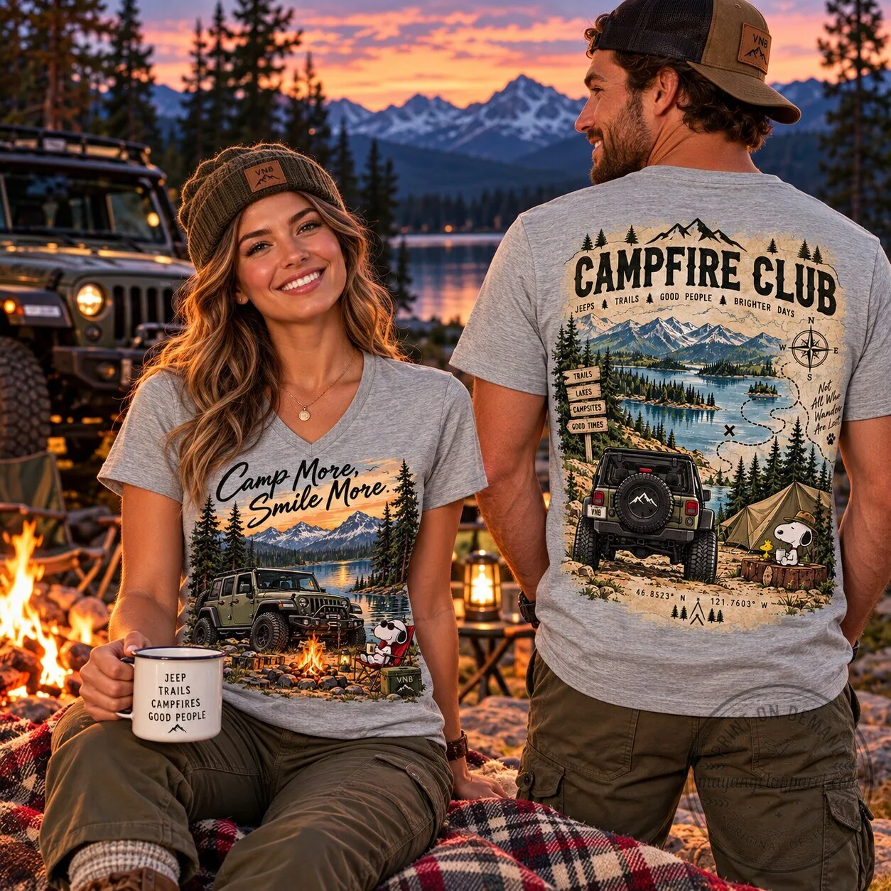 Jeep Campfire Club Mountain Lake Graphic V-Neck T-Shirt