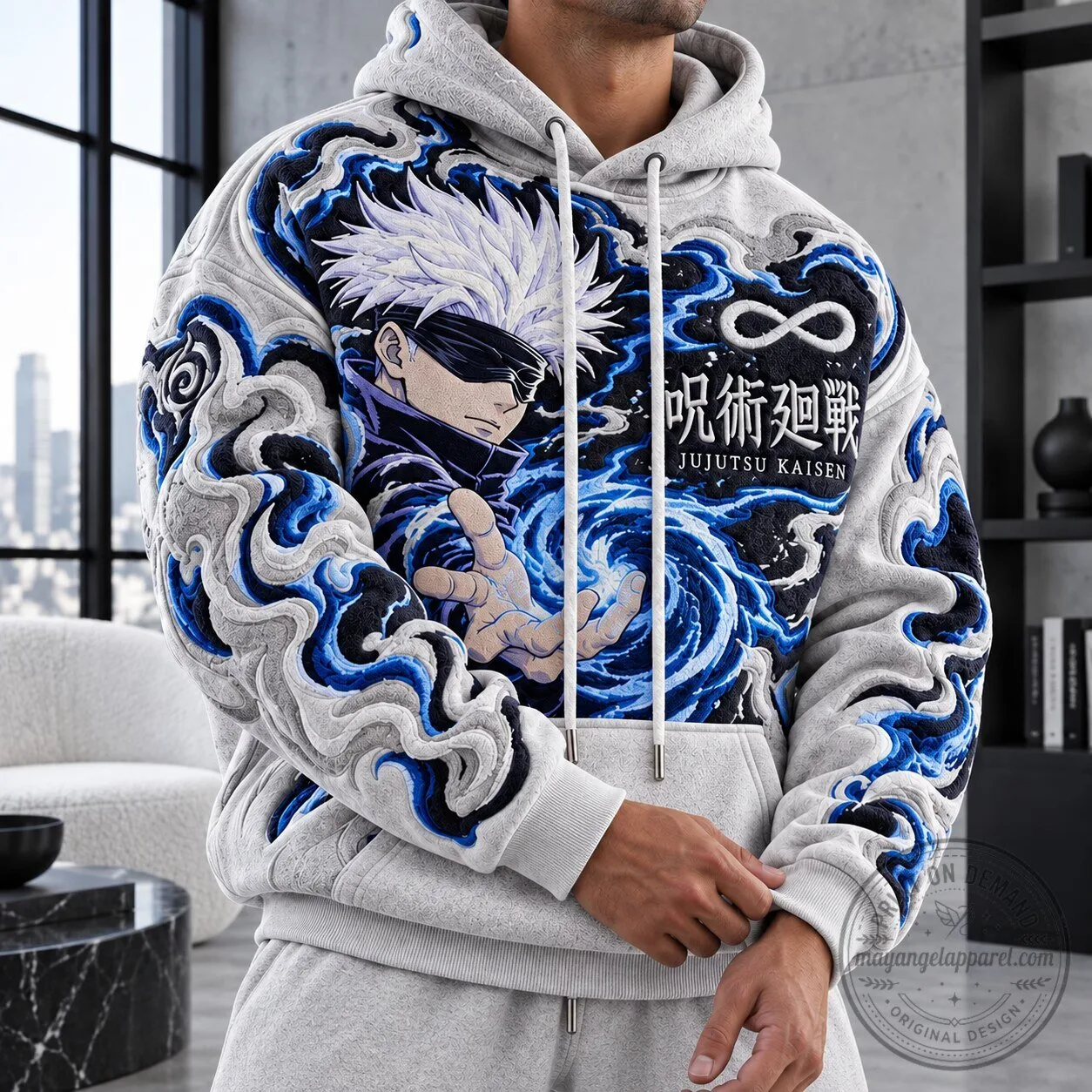 Jujutsu Kaisen Satoru Gojo Anime Embroidered Grey Hoodie