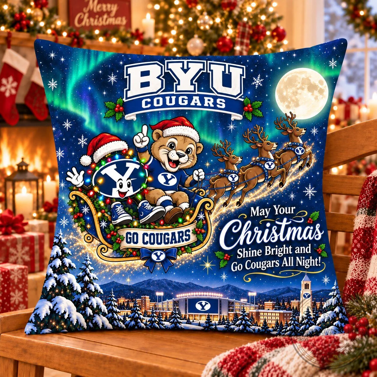 BYU Cougars Christmas Night Flight Santa Bear and Reindeer Sleigh Pillow